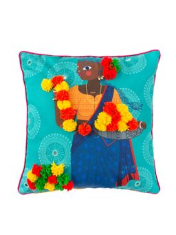 Chumbak - Flower Vendor 16 Inches Cushion Cover - Blue