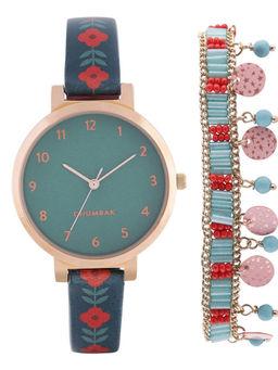 Teal by CHUMBAK - Festive Beats Printed Strap Watch And Bracelet-Green (Set of 2)-8907605100758