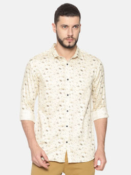 SHOWOFF - Cotton Beige Floral Casual Slim Fit Shirt