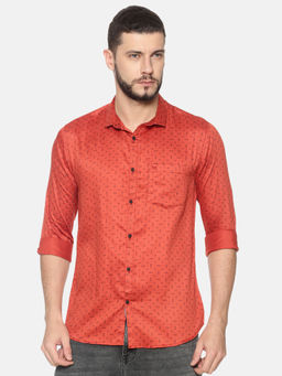 SHOWOFFFF - Cotton Orange Geometric Casual Slim Fit Shirt