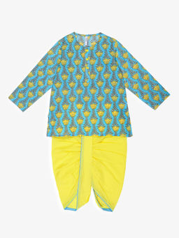 Campana - Boys Bansi Dhoti Kurta Set - Kamal Print -Sky Blue & Yellow (Set of 2)