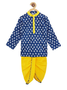 Campana - Boys Block Print Dhoti Kurta Set - Yellow & Indigo (Set of 2)