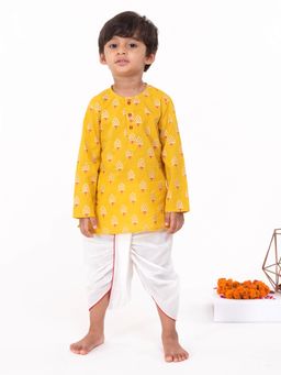 Campana - Boys Bansi Tree Motif Mustard & Off White Dhoti Kurta (Set of 2)