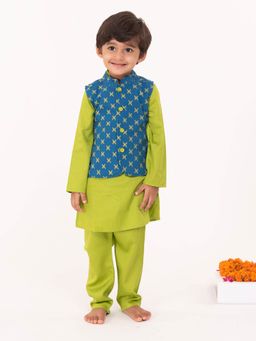 Campana - Boys Nishant Geometric Print Lime & Blue Kurta Pajama with Jacket (Set of 3)