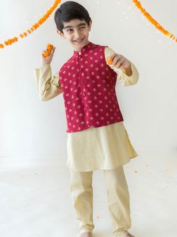 Campana - Boys Nishant Block Flower Print Beige Kurta Pajama with Jacket (Set of 3)