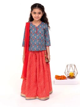 Campana - Girls Koel Floral Block Print Grey & Red Lehenga (Set of 3)