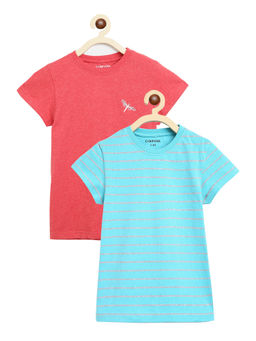 Campana - Girls Steffi Pack Of 2 Round Neck T-Shirts-Turquoise Stripe & Coral Red Mel