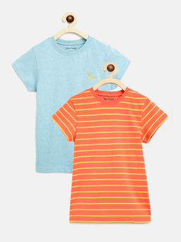 Campana - Girls Steffi Pack Of 2 Round Neck T-Shirts-Peach Stripe & Ice Blue Mel