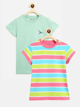 Campana - Girls Steffi Pack Of 2 Round Neck T-Shirts-Rose Pink Multi Stripe & Green Mel