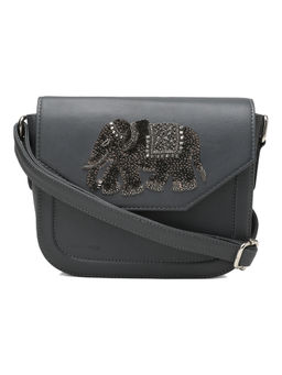 Clotche - Elephant Embellished Charcoal Grey Sling Bag