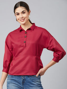 Carlton London - Maroon Solid Shirt Collar Regular Top