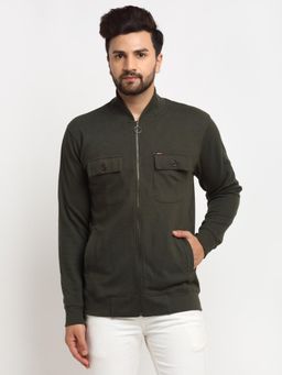 Club York - Men's Olive Full Sleeve Solid Front Pocket High Neck Sweatshirt