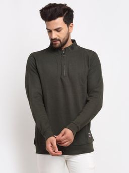 Club York - Men's Olive Full Sleeve Solid Front Half Zipper High Neck Sweatshirt