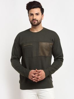 Club York - Men's Olive Full Sleeve Colour blocked Front Pocket Round Neck Sweatshirt