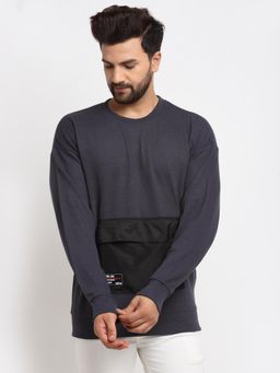 Club York - Men's Ebony Full Sleeve Solid Front Pocket Round Neck Sweatshirt