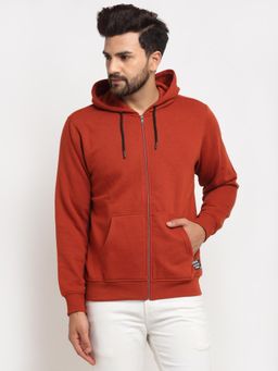 Club York - Men's Rust Full Sleeve Solid Front Zipper Hooded Sweatshirt