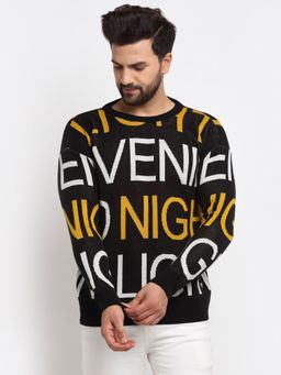 Club York - Men's Black Full Sleeve Typography Print Round Neck Sweater