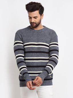 Club York - Men's Navy Blue Full Sleeve Striped Round Neck Sweater