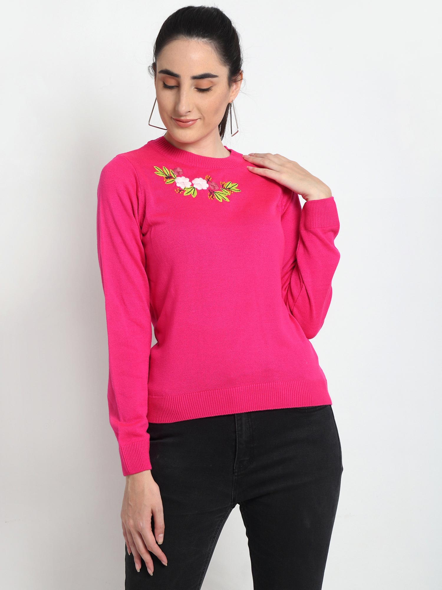club york Women's Pink Full Sleeve Chest Embroidery Round Neck Sweater-picture-16