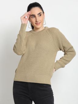 Club York - Women's Beige Full Sleeve Ribbed Round Neck Sweater