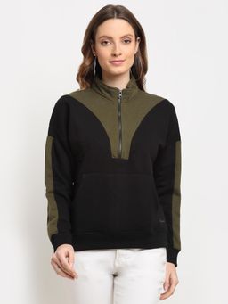 Club York - Women's Black Full Sleeve Colour blocked Half Zipper High Neck Sweatshirt