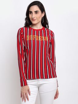Club York - Women's Red Full Sleeve Striped Typography Print Round Neck Sweatshirt
