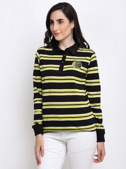 Club York - Women's Black Full Sleeve Striped Polo Neck Sweatshirt