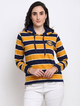 Club York - Women's Yellow Full Sleeve Striped Hooded Sweatshirt