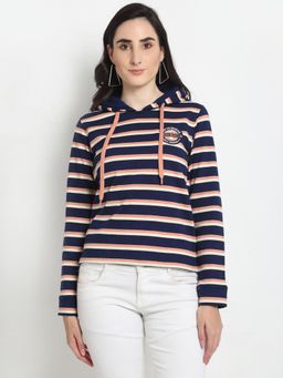 Club York - Women's Navy Blue Full Sleeve Striped Hooded Sweatshirt