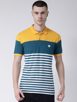 Club York - Men's Teal Half Sleeve Striped Polo Neck T-shirt
