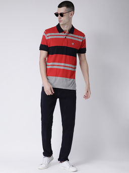 Club York - Men's Red Half Sleeve Striper Polo Collar T-shirt