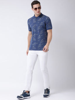 Club York - Men's Blue Half Sleeve Polo Neck T-shirt With Print