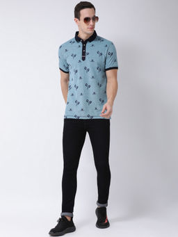 Club York - Men's Blue Half Sleeve Polo Neck T-shirt With Print