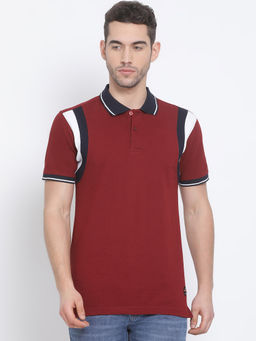 Club York - Men's Maroon Half Sleeve Colorblocked Polo Neck T-Shirt