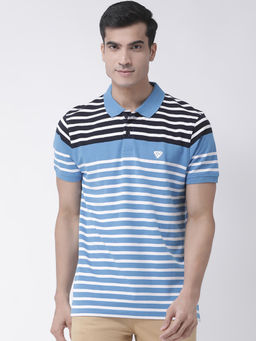 Club York - Men's Blue Striped Half Sleeve Polo Neck T-shirt