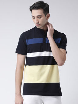 Club York - Men's Navy Blue Half Sleeve Colourblocked Polo Collar T-shirt