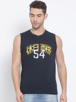 Club York - Men's Navy Blue Sleeveless Printed Round Neck Tank T-Shirt