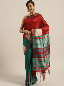 Sareemall - Red & Green Festive Cotton Half & Half Saree With Unstitched Blouse