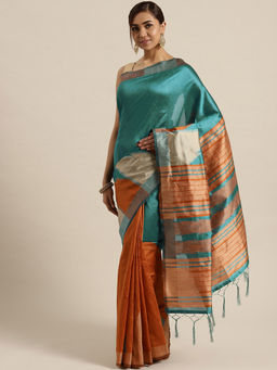 Sareemall - Sky Blue & Orange Festive Cotton Half & Half Saree With Unstitched Blouse