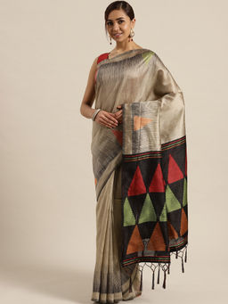 Sareemall - Beige Festive Cotton Solid Saree With Unstitched Blouse