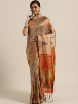 Sareemall - Beige Festive Cotton Solid Saree With Unstitched Blouse