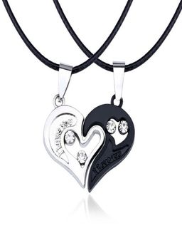 OOMPH - Combo Of Heart Two Piece "I Love You" Silver & Black Stainless Couple Pendant Necklace Set
