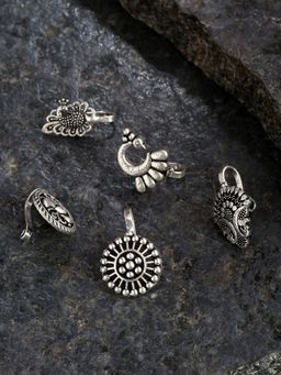 Priyaasi - Silver Plated Oxidised Clip-On Nose pins (Set of 5)