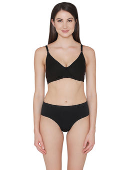 Clovia - Cotton Non-Padded Wirefree T-Shirt Bra & Mid Waist Hipster Panty - Black