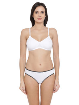 Clovia - Cotton Rich Non-Padded Non-Wired T-Shirt Bra & Low Waist Bikini Panty - White