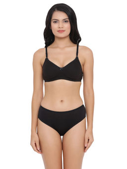 Clovia - Cotton Rich Non-Padded Wirefree T-Shirt Bra & Mid Waist Hipster Panty - Black