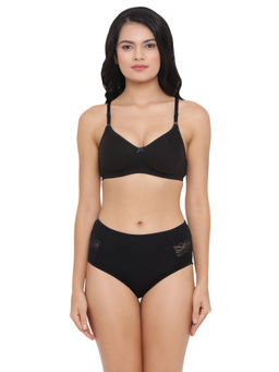 Clovia - Cotton Rich Non-Padded Wirefree T-Shirt Bra & High Waist Hipster Panty - Black