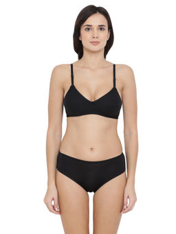 Clovia - Cotton Non-Padded Non-Wired Bra & Mid Waist Hipster Panty - Black
