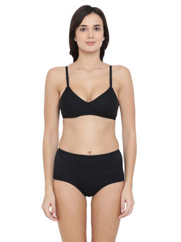 Clovia - Cotton Non-Padded Non-Wired Bra & High Waist Hipster Panty - Black