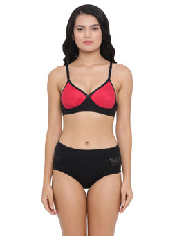 Clovia - Cotton Rich T Shirt Bra With Cross-Over Moulded Cups & High Waist Hispter Panty - Black